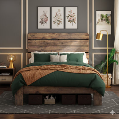 Structure de lit plateforme en bois pleine grandeur, conçue pour être silencieuse, ne nécessitant pas de sommier, avec des outils d'assemblage faciles et un grand espace de rangement sous le lit, en brun foncé.