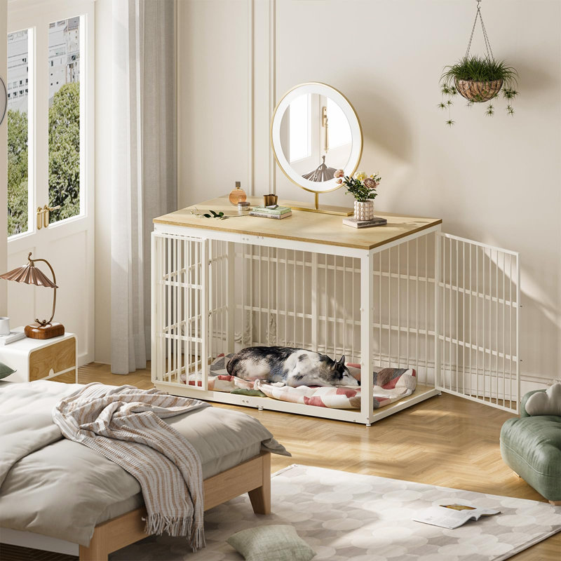 54" Dog Crate Furniture With Foldable Door, Xxl Dog Crates For Large Dogs, Wooden Decorative Dog Cage, Beige/White