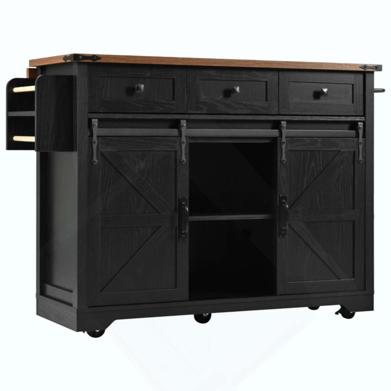 Farmhouse Kitchen Island With Power Outlet, 2 Sliding Barn Door Kitchen Storage Island With Drop Leaf, Spice Rack Rolling Kitchen Cart On Wheels, For Home, Kitchen And Dining Room
