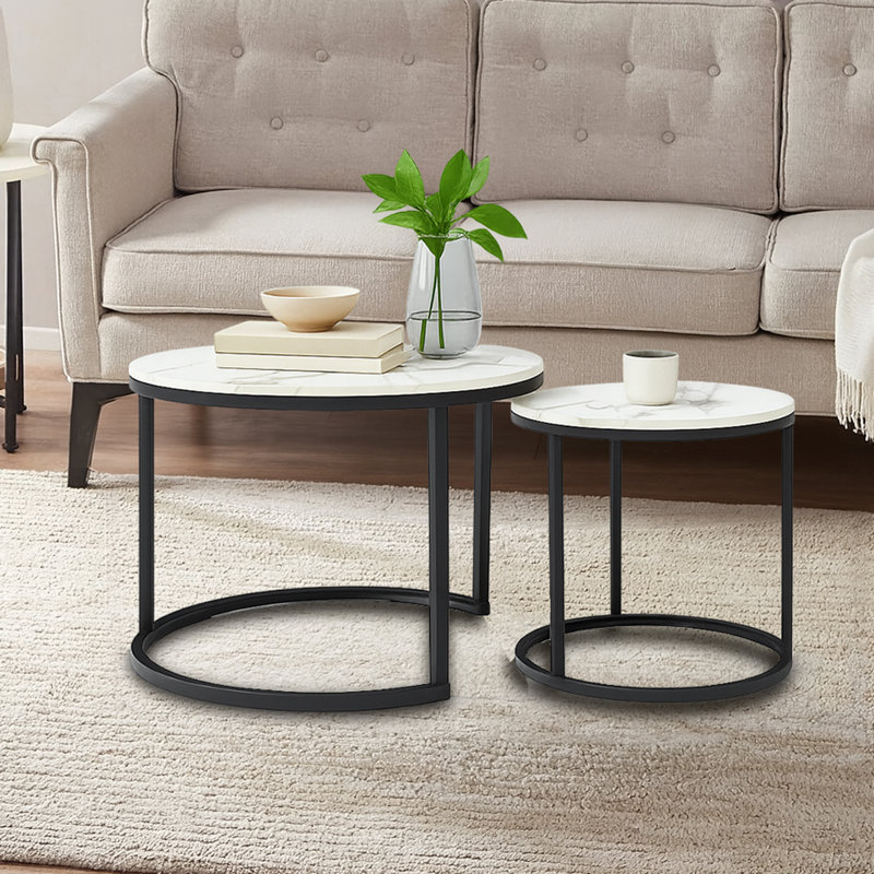 Ensemble de 2 tables basses rondes de style moderne avec base en métal convenant à un salon de chambre à coucher, Noir, Noir