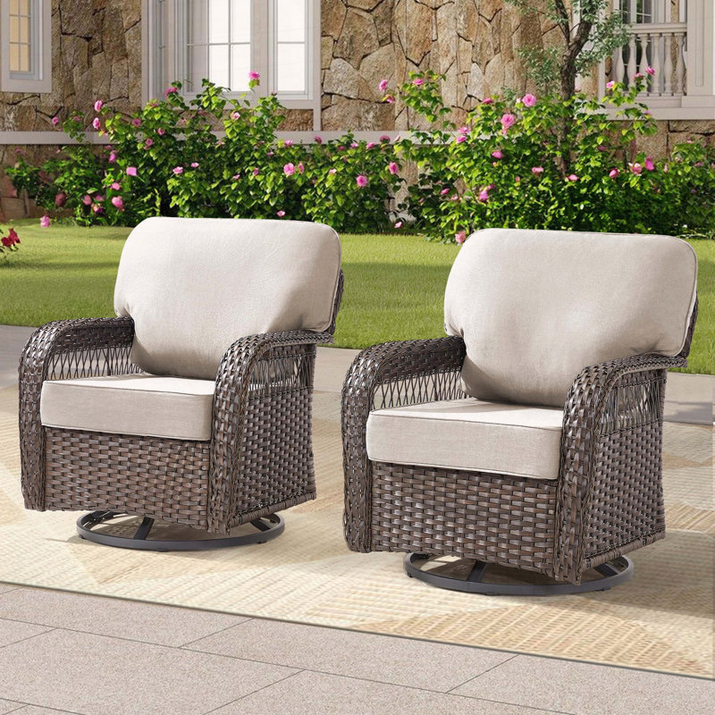 Ensemble de 2 chaises berçantes pivotantes d'extérieur avec coussins de dossier en forme de T, Beige