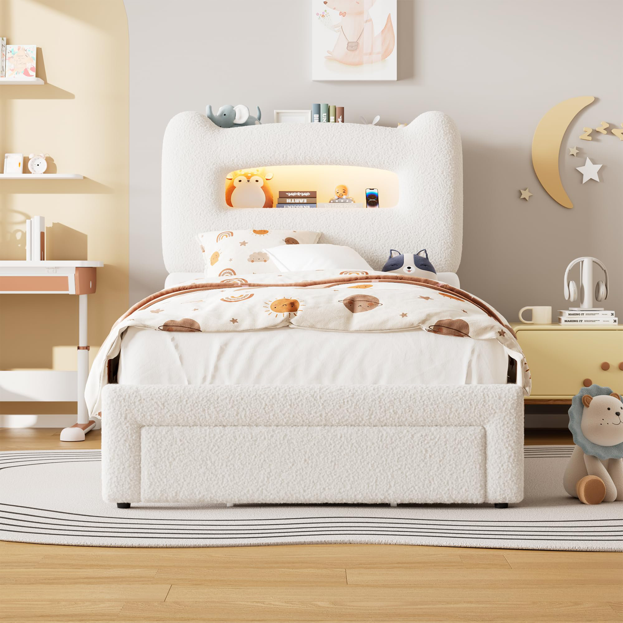 Ebern Designs LED Twin Bed Frame with 2-Tier Storage Headboard ...