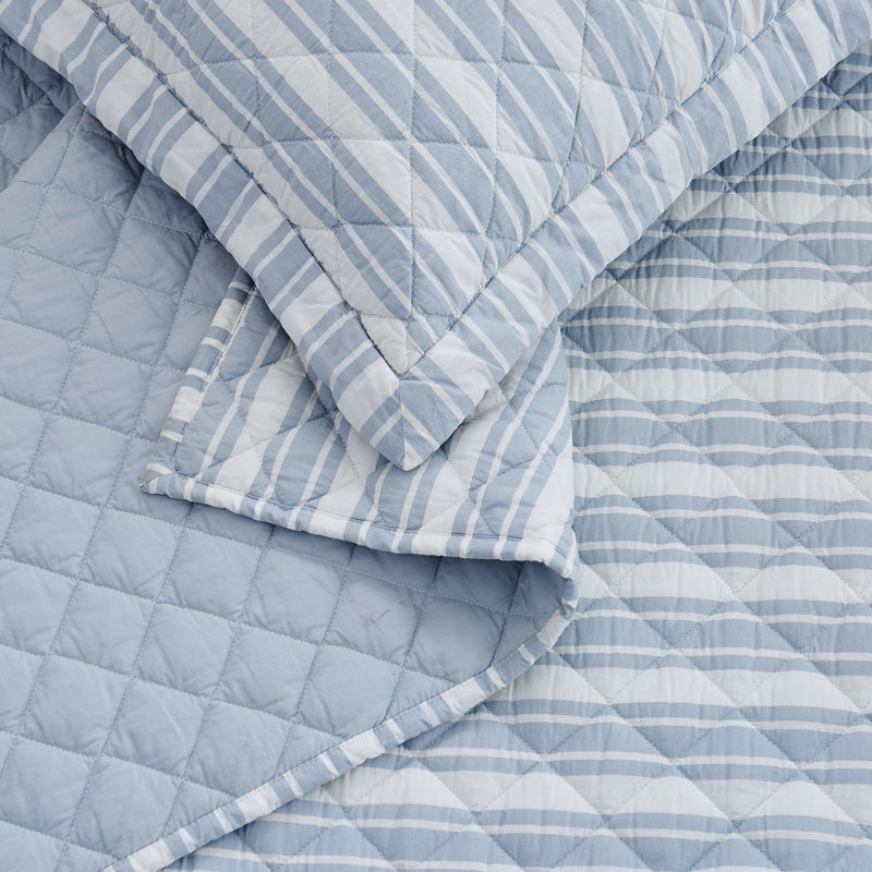 The Farmhouse by Rachel Ashwell Wide Ticking Stripe Quilt Set, Queen Quilt + 2 Shams, White/Blue Striped