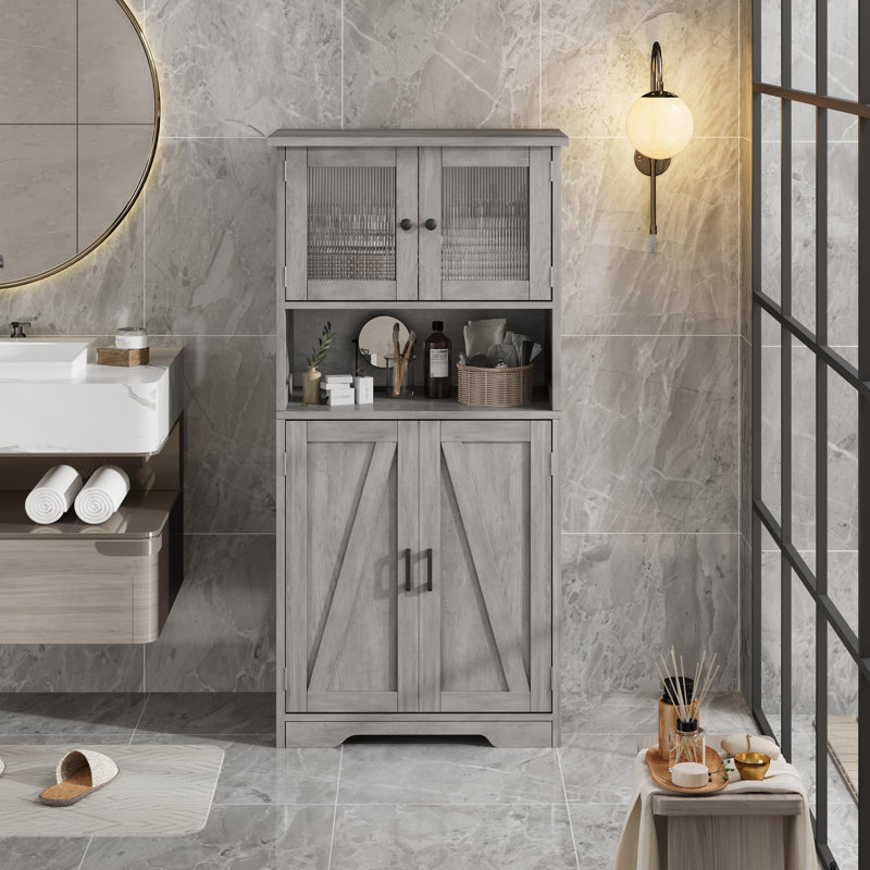 54" Tall Bathroom Storage Cabinet with Glass Doors, Freestanding Cabinet with Adjustable Shelves and Open Storage, Gray