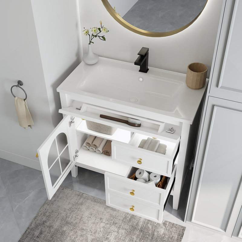 Mid-Century Bathroom Vanity Sink With Patterned Glass & Motion-Sensor Light Strip, White