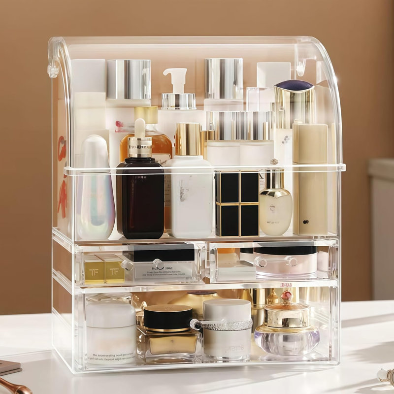 Grand organisateur de maquillage transparent en acrylique avec couvercle, tiroirs de rangement pour cosmétiques, organisateurs de maquillage portables, boîte anti-poussière et étanche pour femmes
