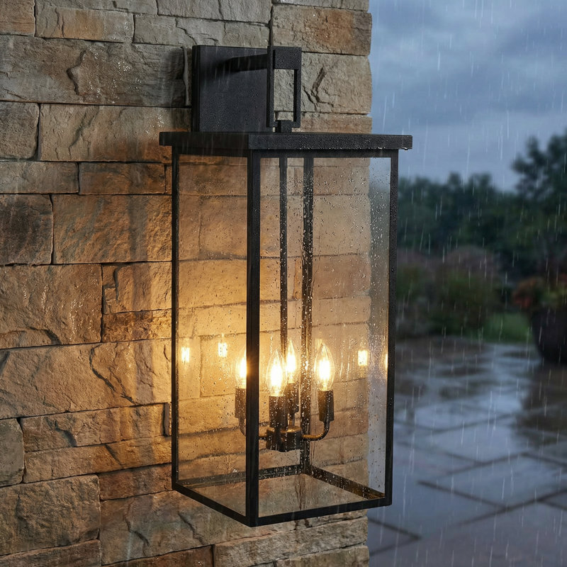 4-Light Black Outdoor Wall Lantern Sconce With Clear Glass, 29.5'' H X 11.8'' W X 13.2'' D