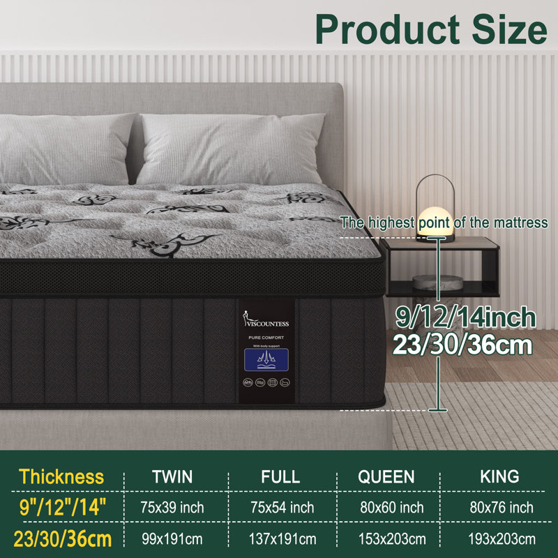 14'' Hybrid Mattress in a Box, Medium Firm Cooling Gel Memory Foam Mattress with Individually Wrapped Pocket Springs, Pressure Relief & Motion Isolation