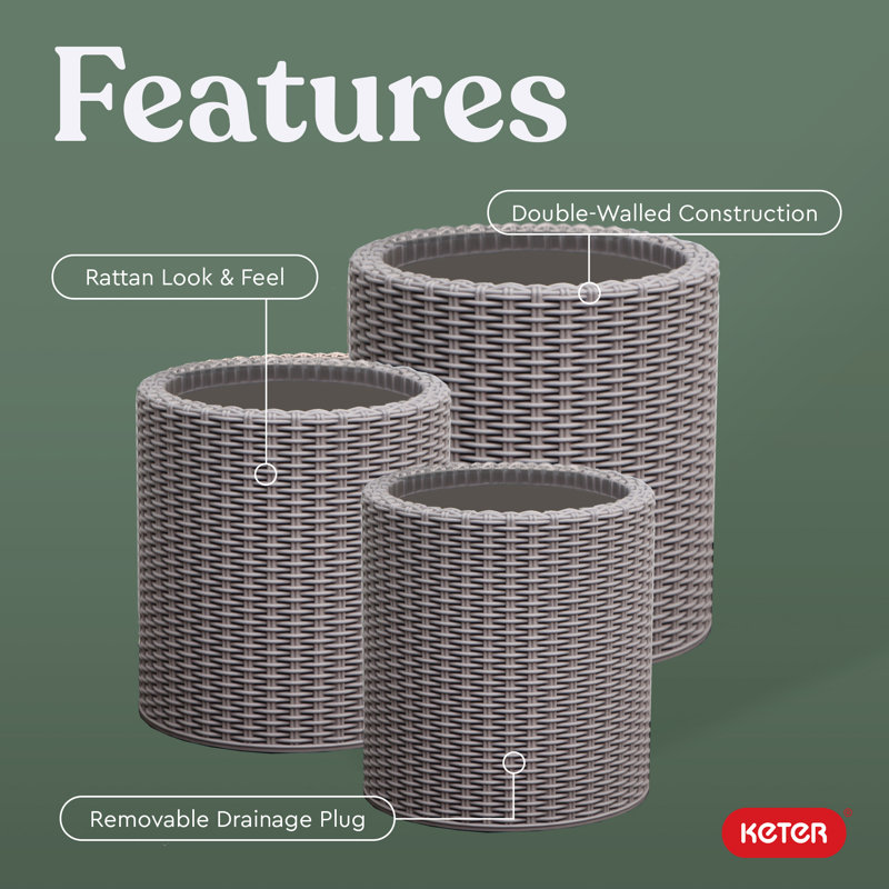 Keter Cylinder Planter 3PC Set Resin Wicker Flower Pots Small, Medium, and Large Planters with Drainage Plugs for Outdoor or Indoor (Choose Color)