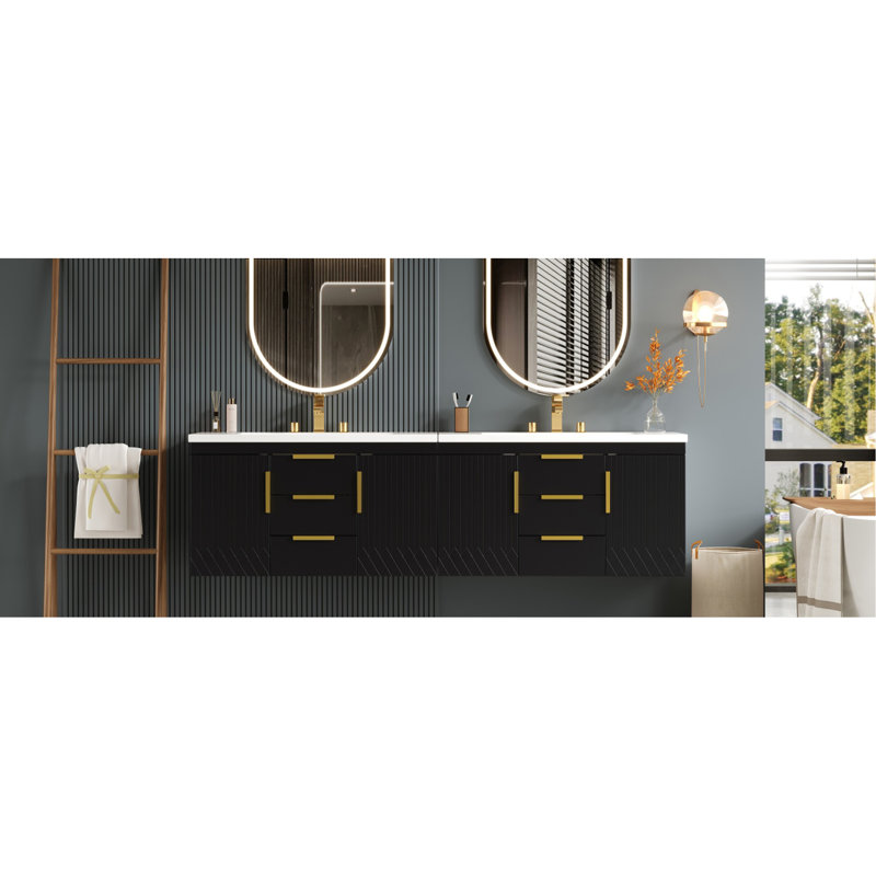Meuble-lavabo mural 72 po, armoire de rangement flottante avec tiroirs, armoire de salle de bain en bois massif 72 po