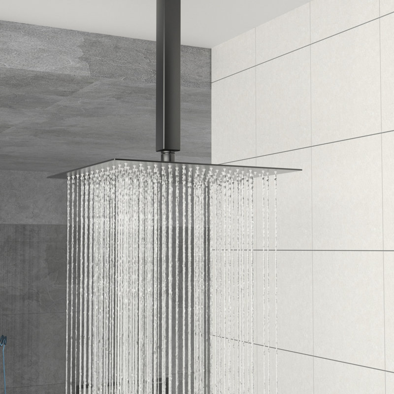 Dual Function 10 Inch Square Ceiling Mounted Shower With Matte Black Finish, - Scald Valve, Easy Installation, And All Components Mount Head Balanced Rainfall Shower, 360 Adjustable