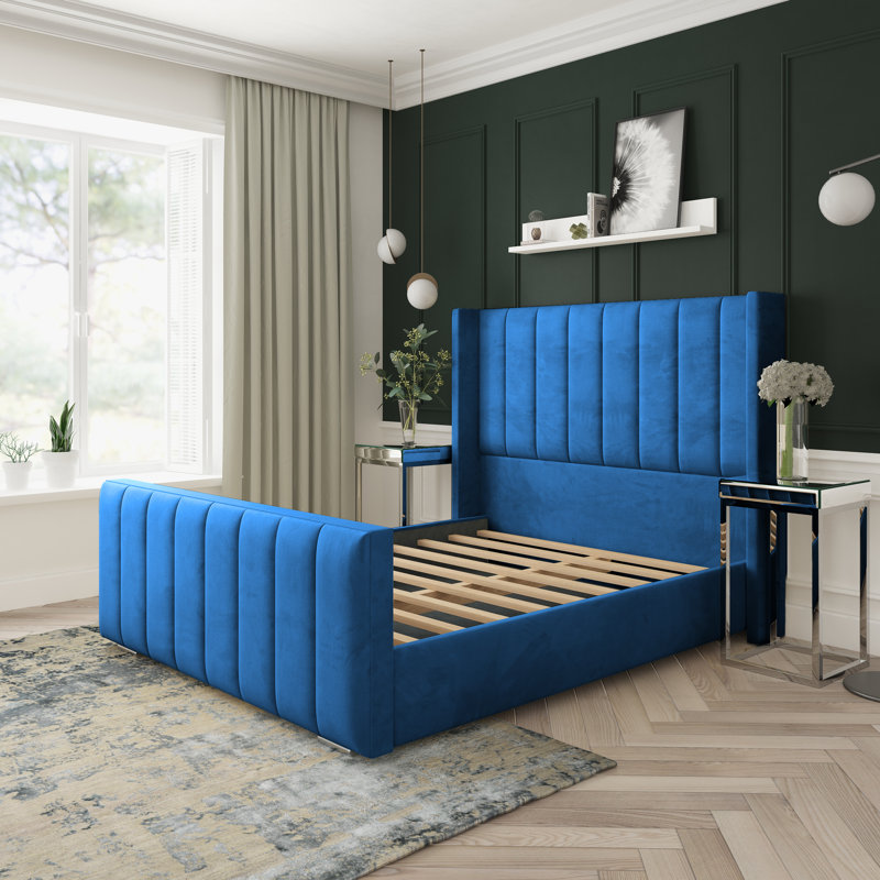 Willow Plush Velvet Upholstered Bed Frame, Blue, Single (3')