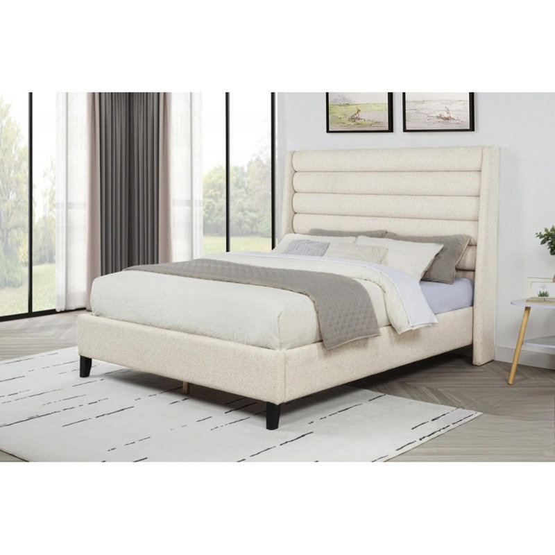 Lit plateforme tapissier grand lit, structure de lit moderne avec tête de lit capitonnée à canaux roulés, beige