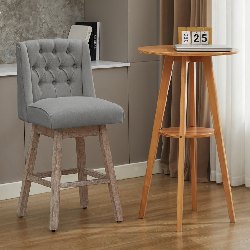 Terron 360° Swivel Barstool with Solid Wood Legs, Gray, Bar Stool (28.5" Seat Height)