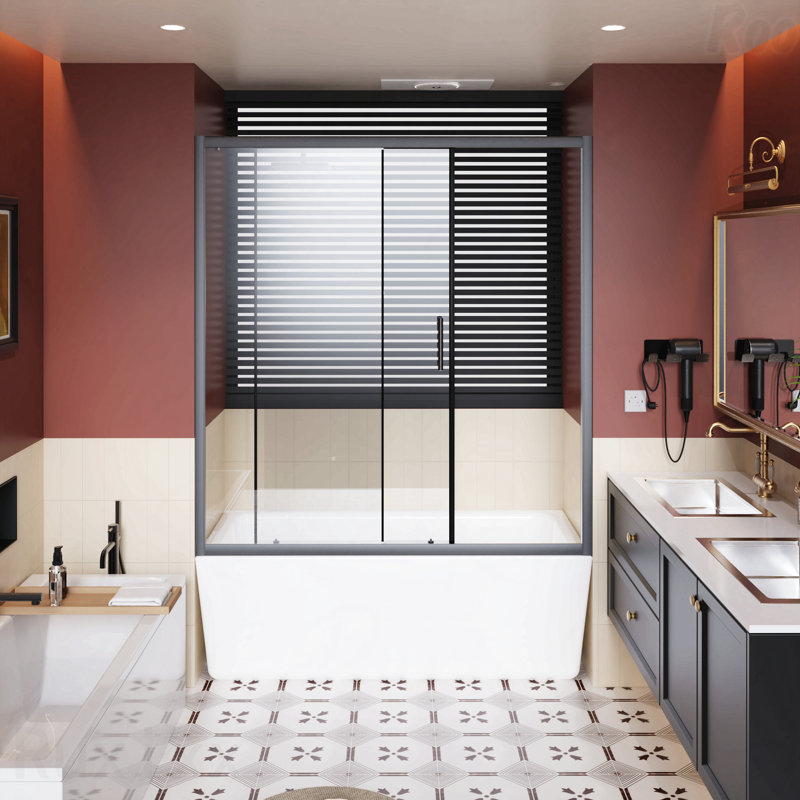 60.In W X 62.In H Single Sliding Opening Shower Door For Bathtub, 1/5 " Thick Clear Tempered Shower Door With Stainless Steel Handle