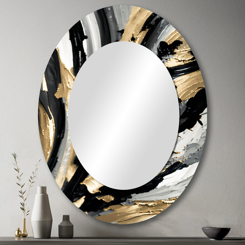 Rhythm Of Pleasure Abstract Black And Gold I - Large Oval Wall Mirror On Metal, 43" x 33"