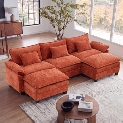 118" Modular Sectional Sofa With Storage, U Shaped Comfy Cloud Couch With Ottoman & Throw Pillows, Chenille Deep Seat Sleeper Sectional Couches For Living Room, Bedroom
