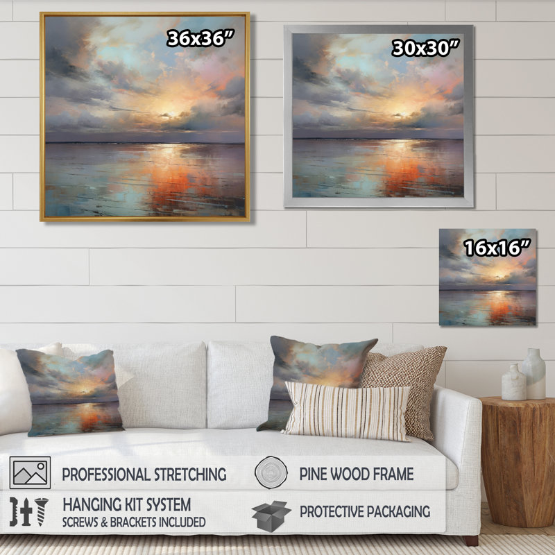 Coucher de soleil sur le lac - Reproduction d'art mural coucher de soleil, H 36 po x l 36 po, Toile tendue