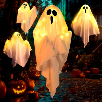 4Packs Halloween Light Up Hanging Ghost Halloween Ghost Decorations with LED Light Spooky Ghost Ornaments for Home Tree Garden Yard Party Décor and Holiday Decorations,Requires AA Batteries (Not Included)