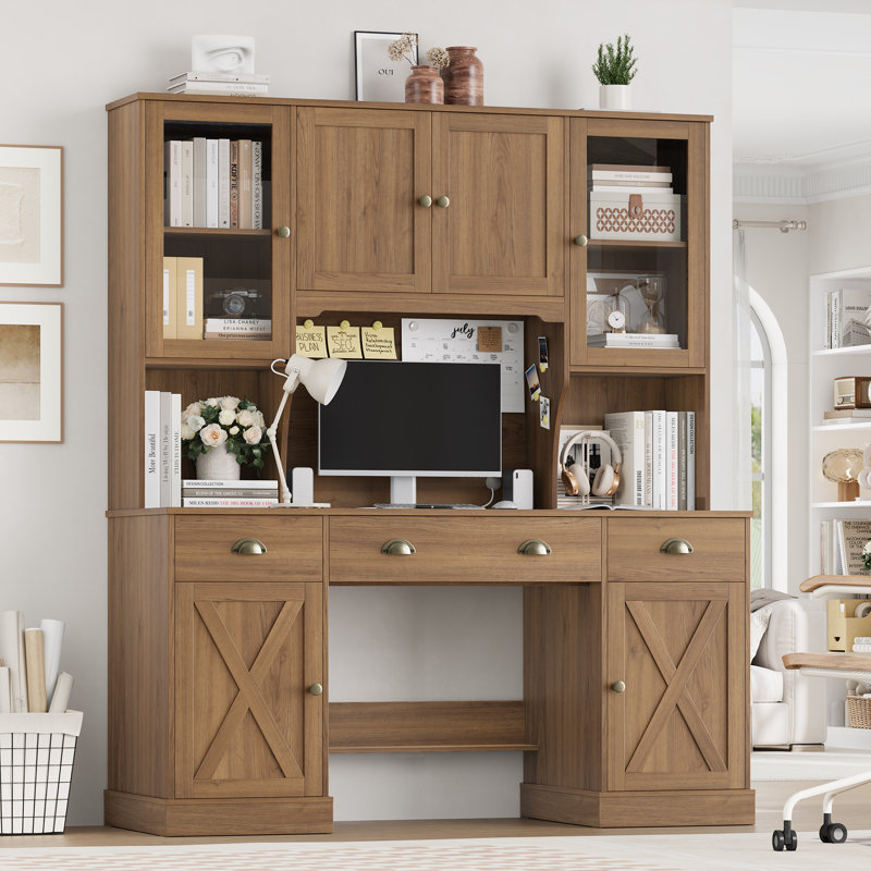  Bureau d'ordinateur de 63 po de style ferme avec huche - tablettes réglables, armoires de rangement et gestion des câbles pour les espaces de travail modernes
