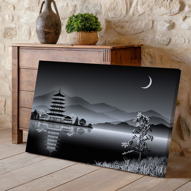 "Toile", un paysage monochrome serein mettant en vedette une pagode asiatique traditionnelle située par un lac tranquille reflétant sa toile, art mural