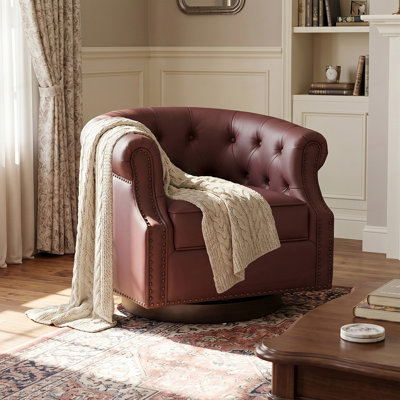 Fauteuil d'appoint pivotant à 360 ° en similicuir rembourré avec dossier incurvé Fauteuil club pivotant avec capitonnage et base en bois cintré pour le salon et la chambre à coucher