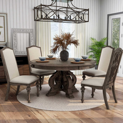Ensemble de salle à manger 5 pièces comprenant une table ronde et 4 chaises rembourrées, teinte naturelle rustique, structure en bois massif, piètement sur pied central. Élégant, style et placage.
