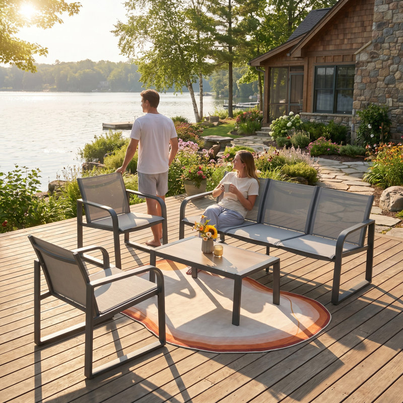 Modern 4-piece Outdoor Patio Conversation Set - All-aluminum Frame, Breathable PVC-coated polyester Seating & Wood-like Coffee Table
