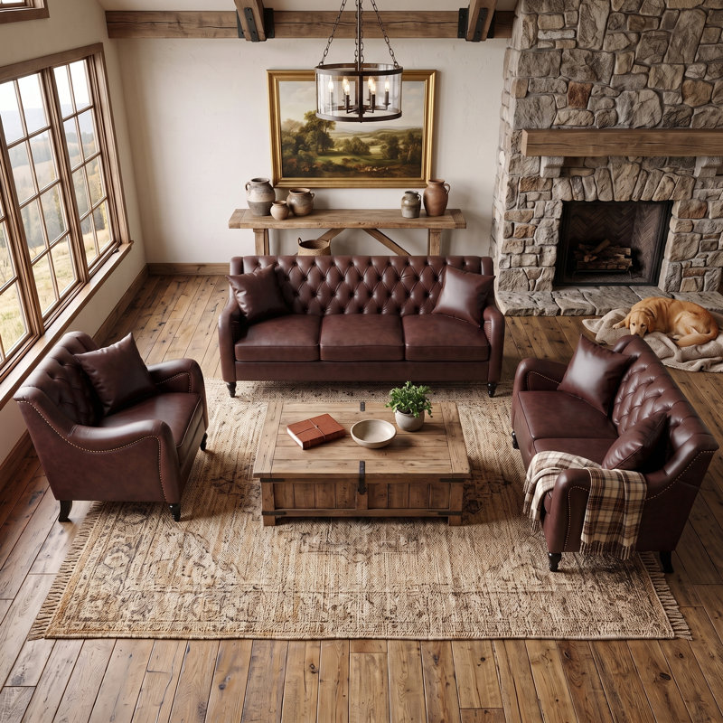 Ensemble de canapé classique en cuir Chesterfield, canapé en cuir de polyuréthane avec capitonnage à boutons en losange, garniture cloutée et pieds en bouleau massif, ensemble de mobilier de salon complet avec coussins décoratifs