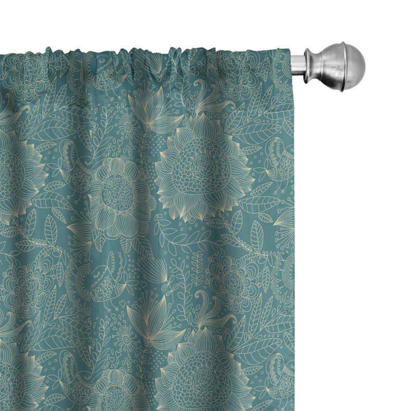 East Urban Home Garden 4-Panel Curtains, Nostalgic Floral Art, Teal and Ivory, 56" W x 63" L