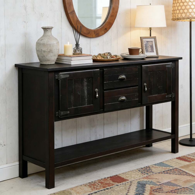 48'' Solid Wood Sideboard Console Table with 2 Drawers and Cabinets and Bottom Shelf, Espresso
