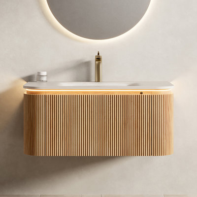 Meuble-lavabo de 36 po et lavabo, armoire à rebords arrondis flottants, tiroir rayé 3D naturel, lavabo à motif en pierre frittée, capteur à DEL, système de fermeture en douceur, glissières de tiroir, rangement facile, facile à installer,