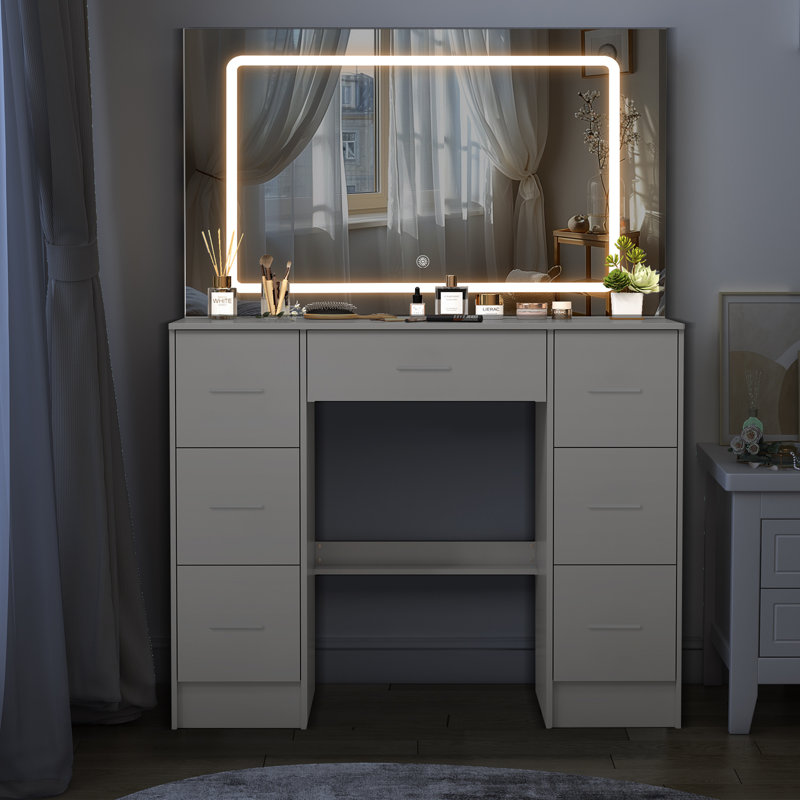 Vanity Desk With Large Mirror And Led Lights, 3 Lighting Modes, Vanity Table With Drawers For Girls, White