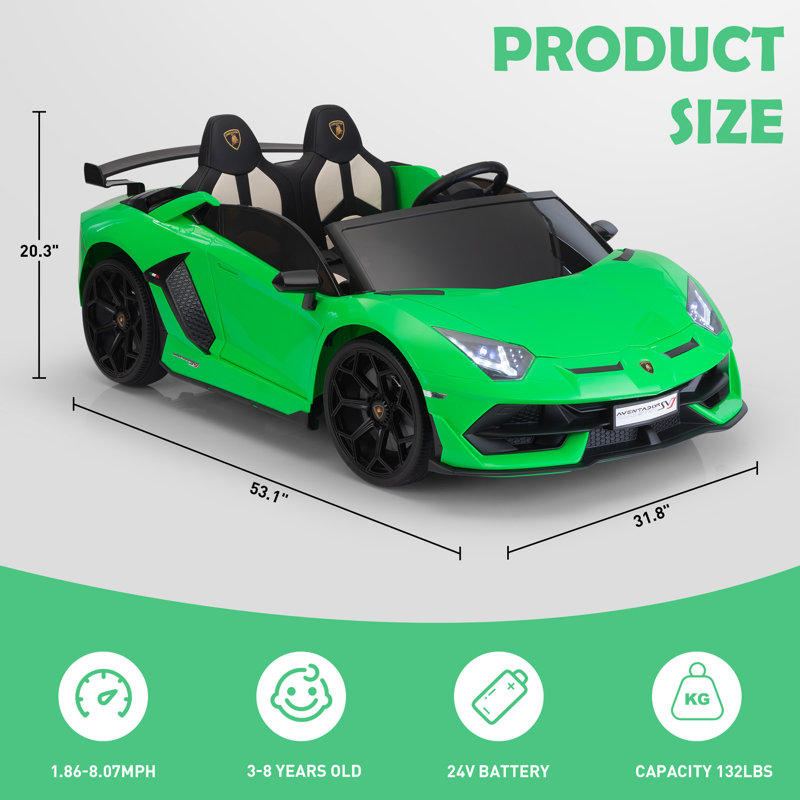 24V Green Lamborghini Ride-On Car with Dual Motors and Remote Control