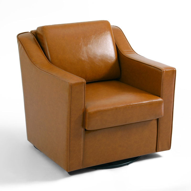 Bronnen Big And Wide Upholstered Light Brown Faux Leather Cushion Swivel Armchair with Removable Back and Seat Cushion