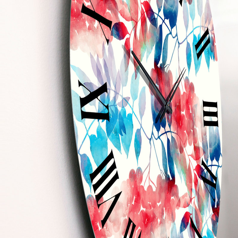 Horloge murale à motif de feuilles rouges et bleues sur fond beige I, Petit