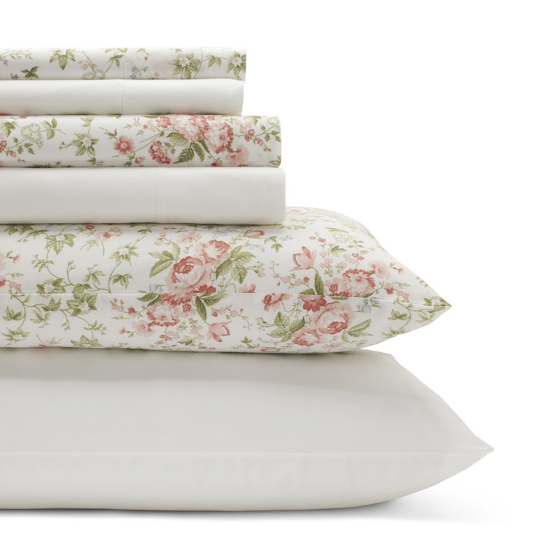 Ensemble de draps en percale 100% coton 200 fils Laura Ashley Marissa, Très grand, Rose Marissa