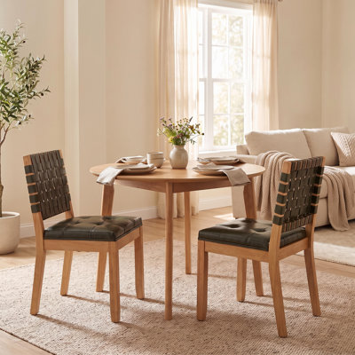 Mid-Century Modern PU Leather Dining Chairs with Solid Wood Frame and Legs, Side Chair with Woven Backrest and Tufted Seat for Dining Room and Living Room