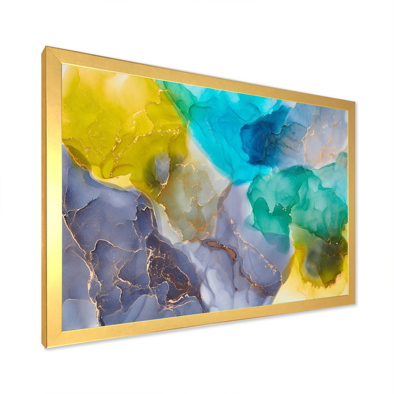 Turquoise et jaune luxe abstrait fluide - peinture sur toile, H 16 po x l 32 po x P 1 po, Encadrement doré