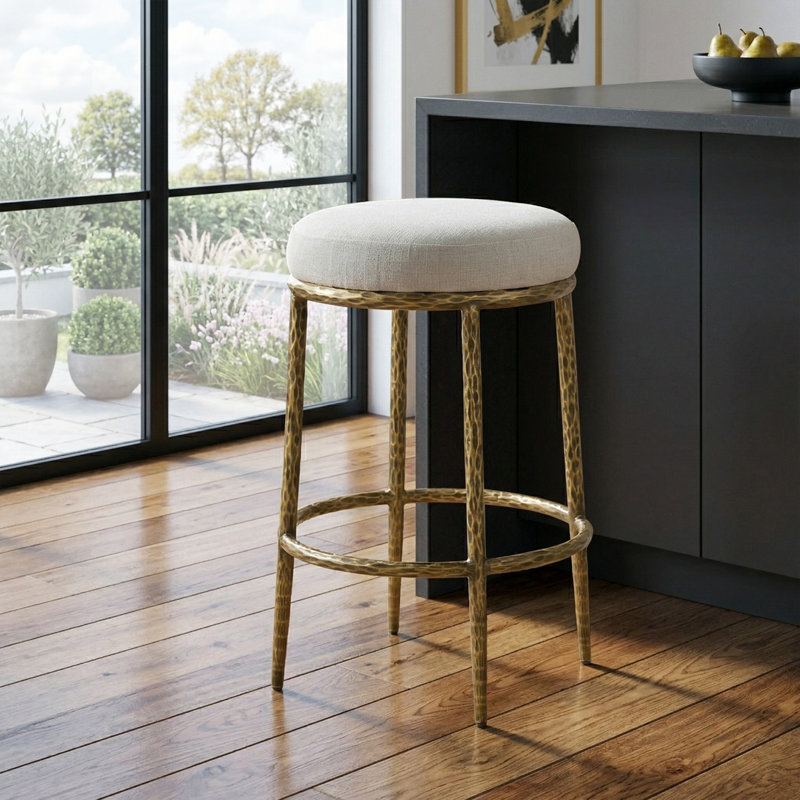 Corrinne Hammered Forged Steel Upholstered Counter Height Stool, Matte Gold