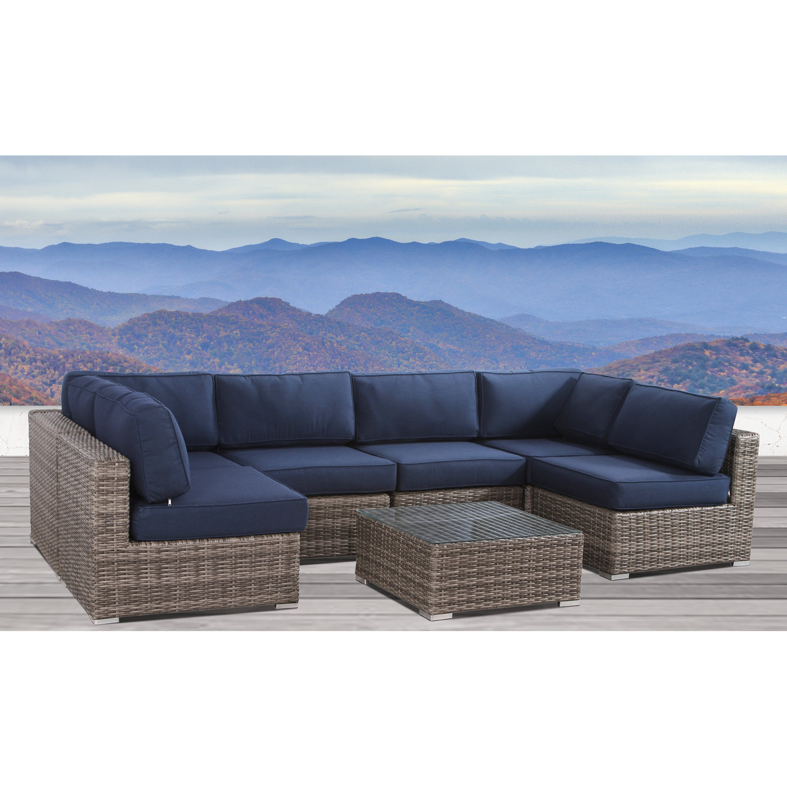 Tonioni Rattan Wicker Fully Assembled 6 - Person Seating Group with Sunbrella Cushions, Sunbrella Navy Blue