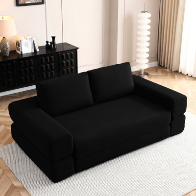 Canapé-lit convertible 3 en 1 de 206 cm (81 pouces), futon en velours côtelé avec oreillers de salon, noir, accoudoirs carrés, mousse haute densité.