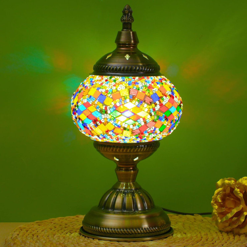 Lampe de table turque marocaine en mosaïque, lampe de chevet en verre fabriquée à la main, base en métal, lanterne décorative pour chambre à coucher, salon - ampoule incluse