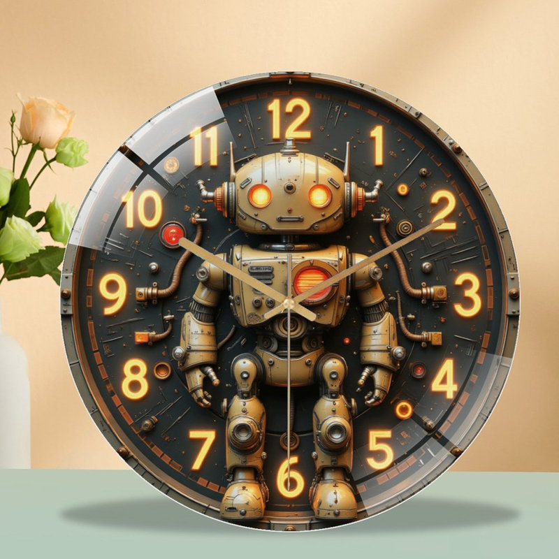 Horloge robot rétro rétro pour bureau personnel - Horloge murale moderne en verre 12 po