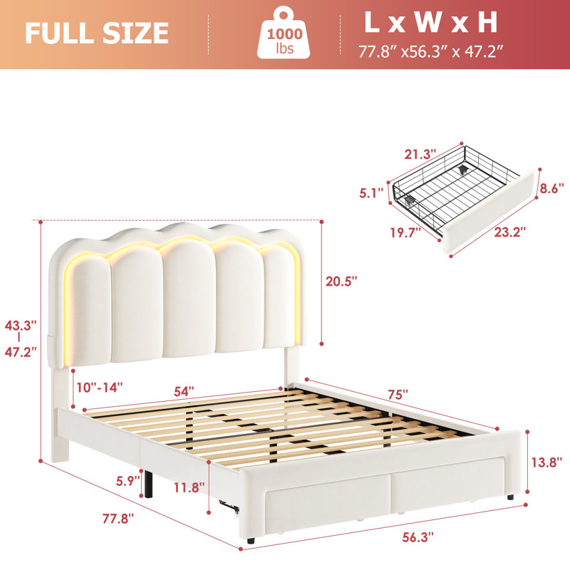 Daphne LED Upholstered Bed Frame with Drawer for Kids