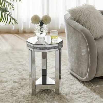 Table de bout à miroir en octogone avec incrustation de cristaux, petit canapé moderne à 2 niveaux avec rangement, table d'appoint décorative argentée pour le salon, la chambre à coucher, le café et les petits espaces l 13,8 po x P 13,8 po x H 21 po
