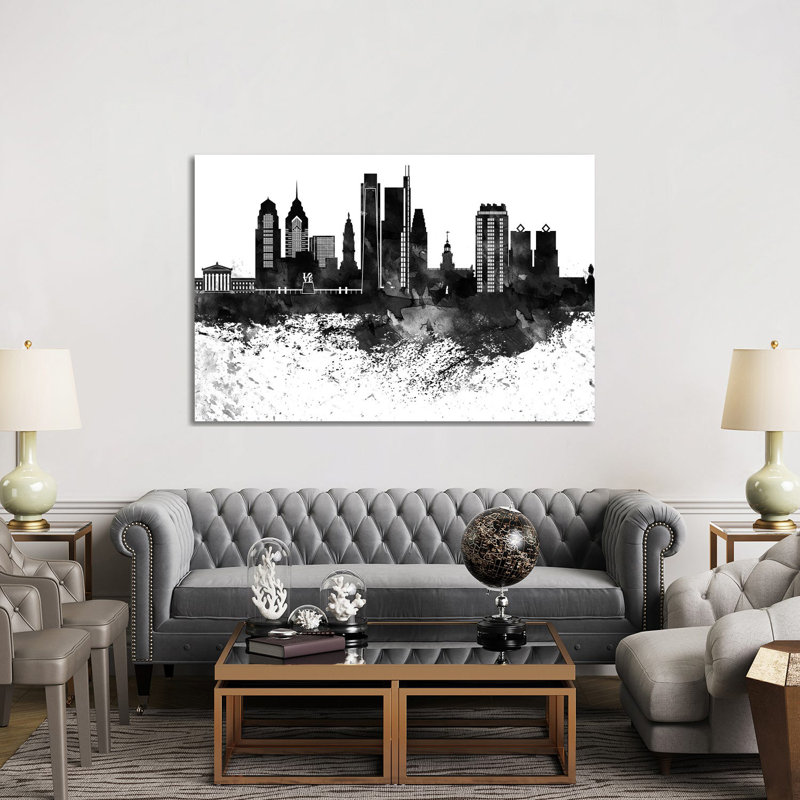 Philadelphia Skyline Black & White Drops by Wall Decor Addict - Wrapped Canvas Painting, 152.5 cm H x 101.5 cm W