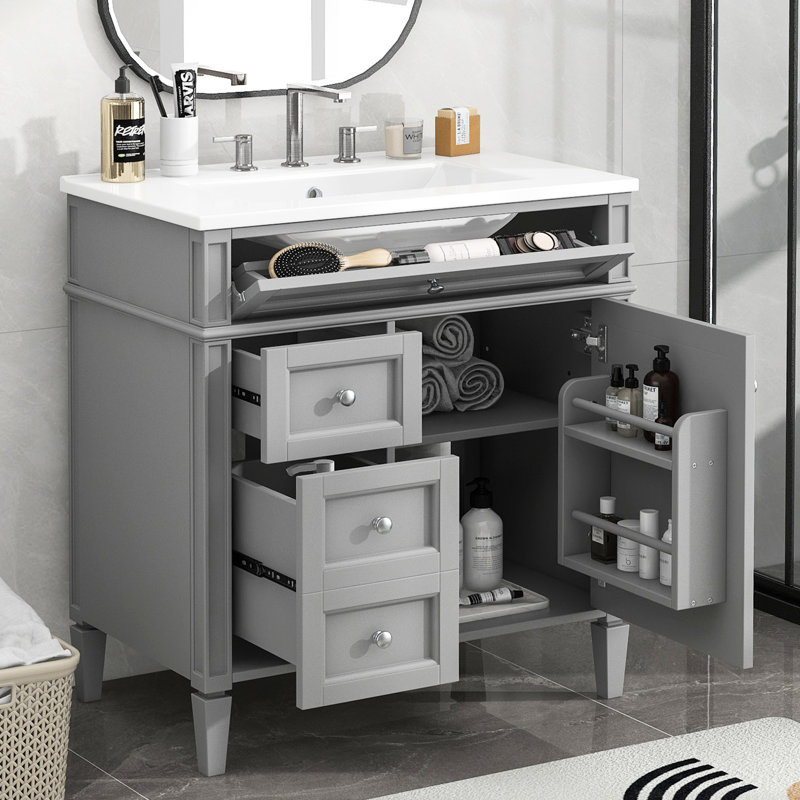 Meuble-lavabo simple 30 po, armoire moderne grise avec beaucoup de rangement, 2 tiroirs et un tiroir basculant pour lavabo,