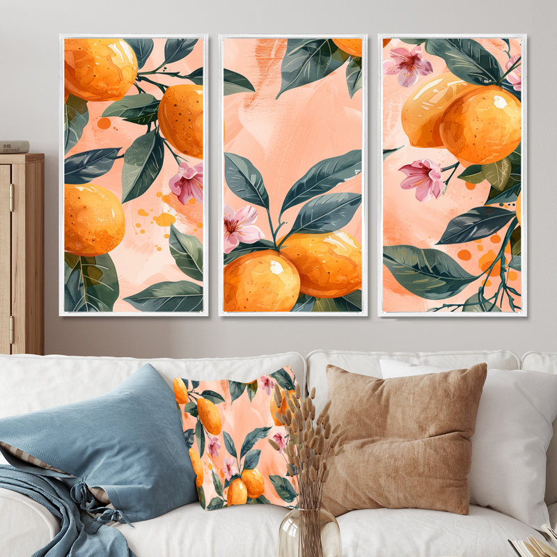 Yellow Pink Floral Orange Trees III - Fruits Wall Art Set, White Floater Framed, 32" H x 48" W