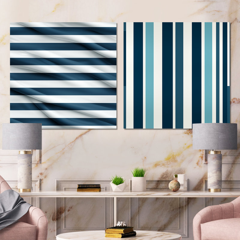 Ensemble de 2 reproductions d'art sur toile, "Nautical Blue Stripes", Toile tendue, H 16 po x l 33 po x P 1 po